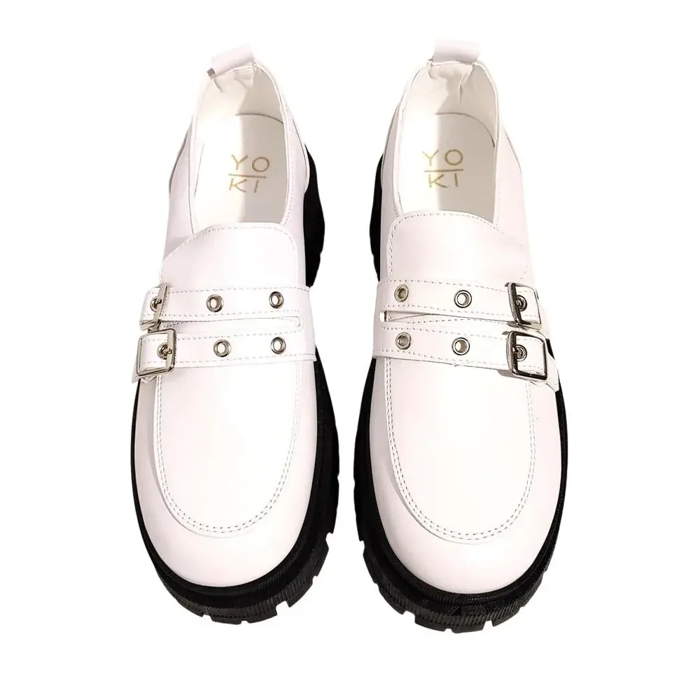 Yoki Simmons Lug Sole Loafers 2 Buckle Straps White Faux Leather Womens US10 NEW